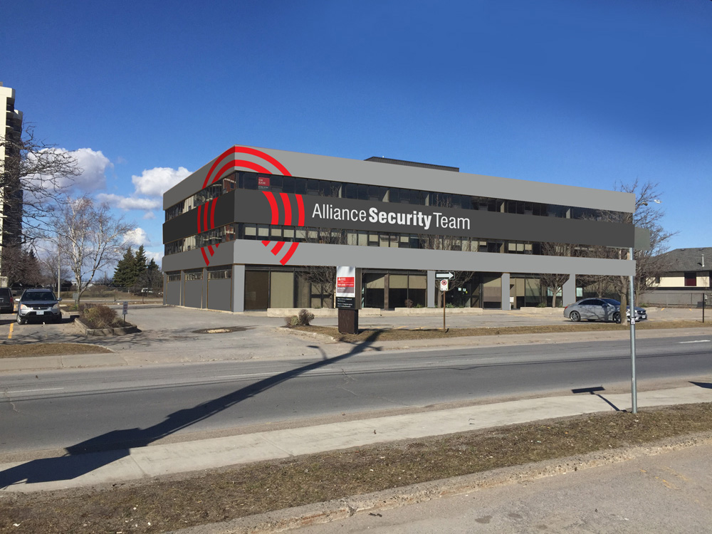 Street view of rebranded Alliance Security Team headquarters with bold exterior signage.