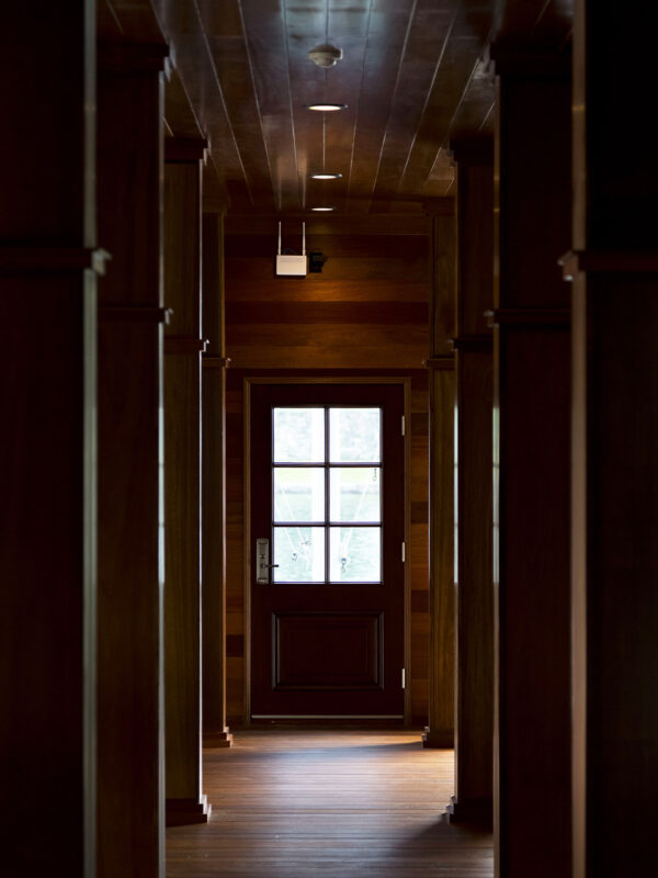 Interior of island boathouse with wood finishes