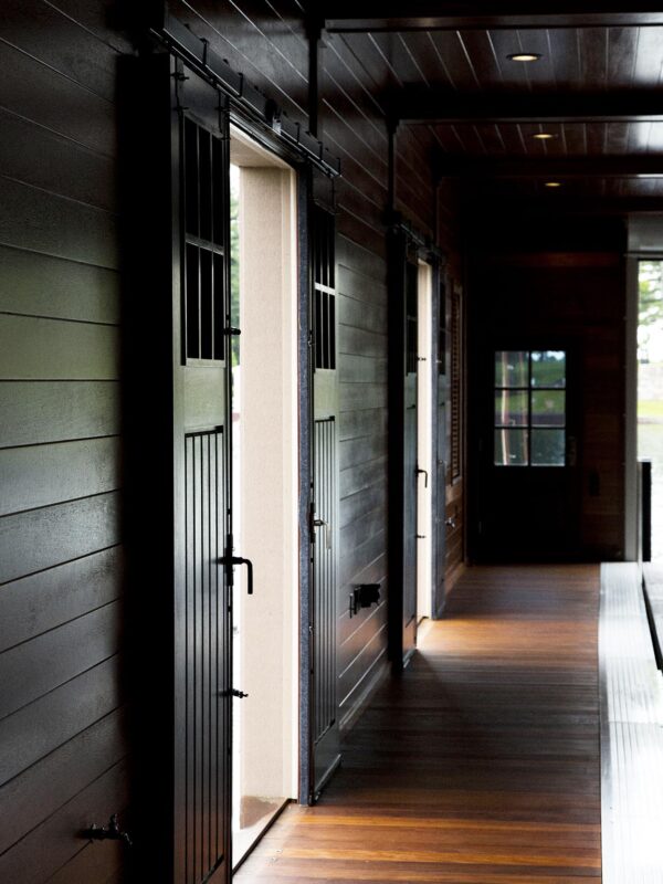 Interior of island boathouse with wood finishes