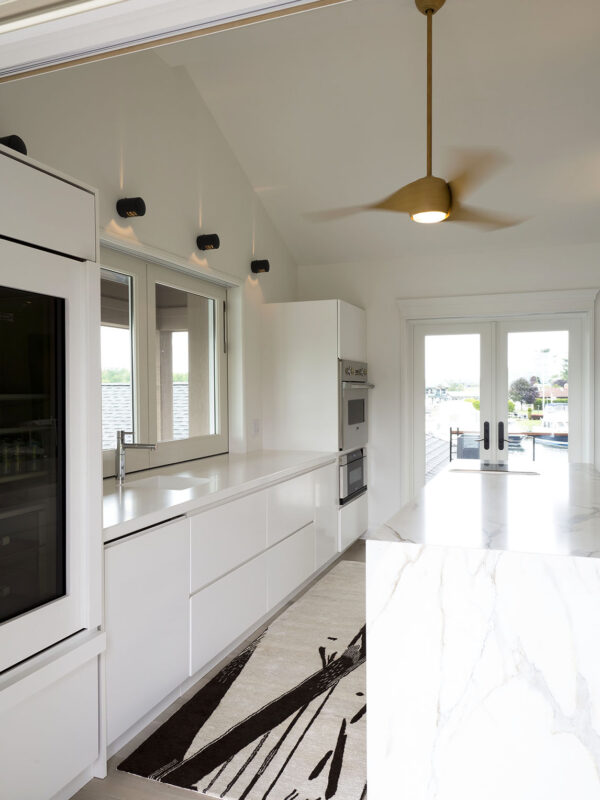 Interior of island boathouse kitchen with modern finishes