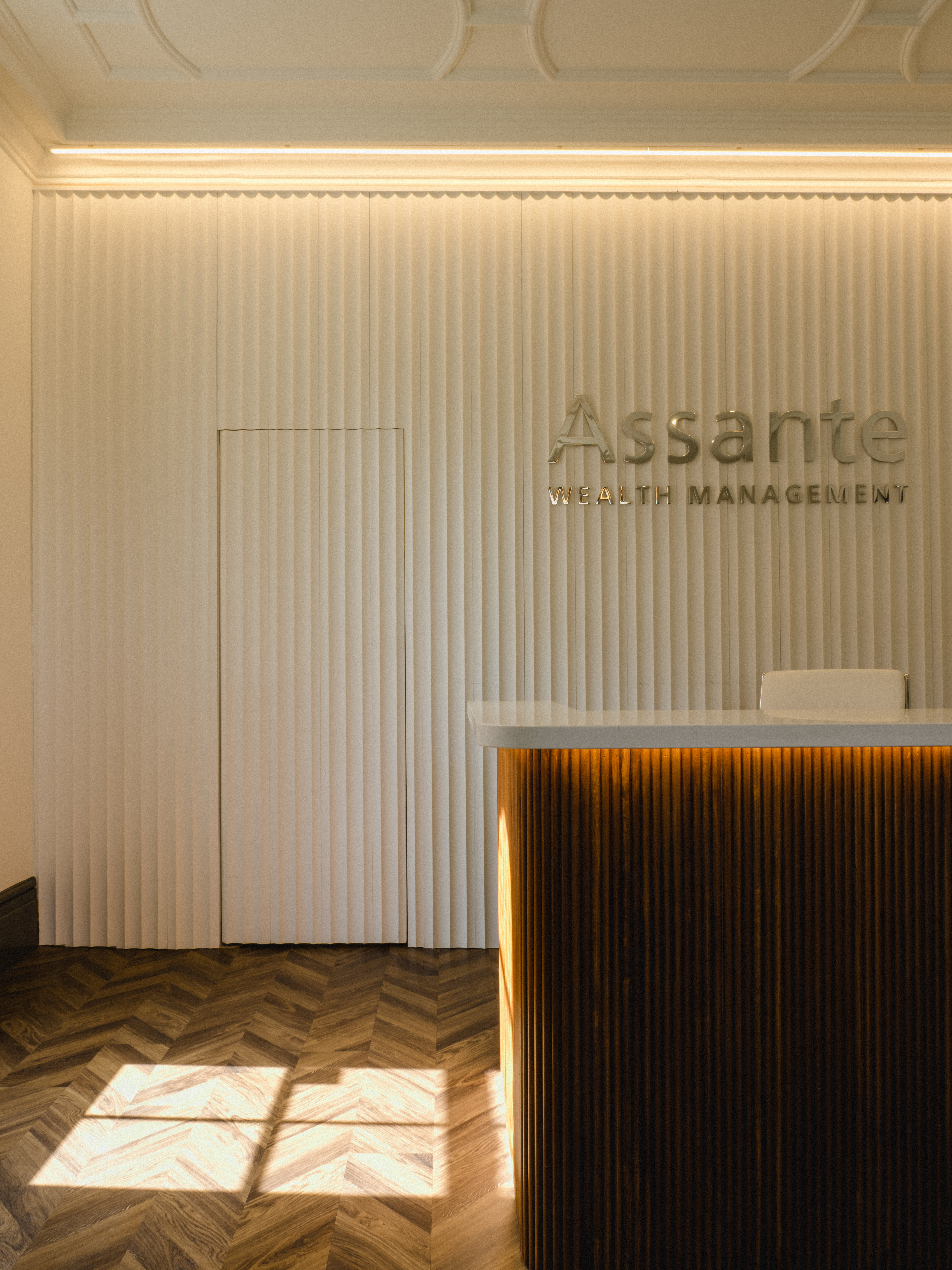 Client reception area with clean modern lines in a heritage building