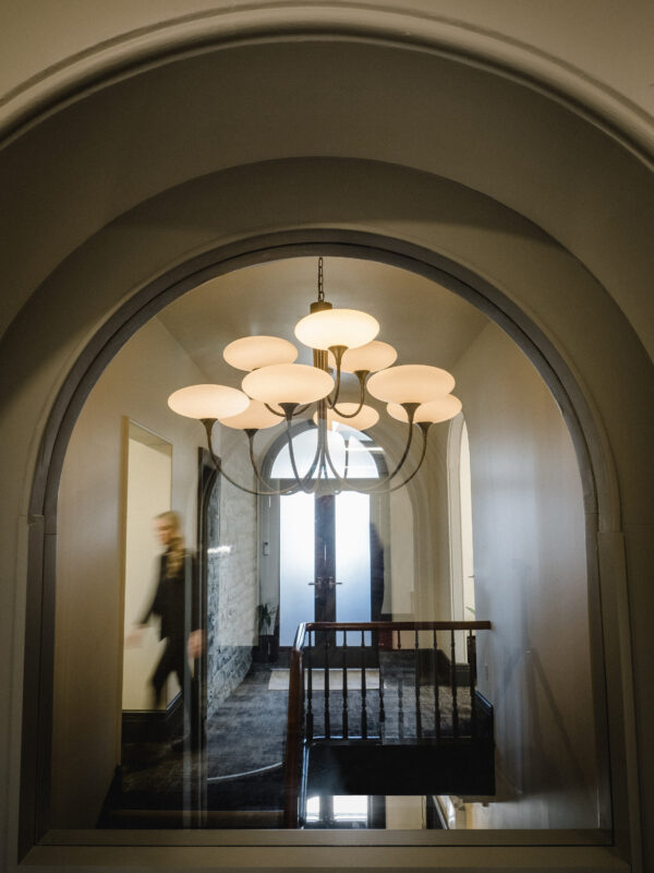 Historic workspace with ergonomic layout and thoughtful lighting design