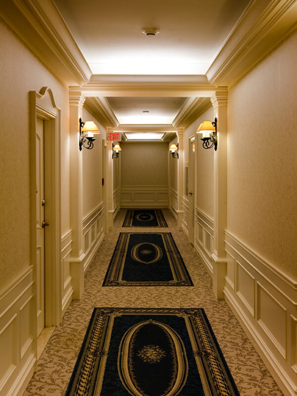 Traditional corridor with detailed paneling, patterned carpet, and warm wall sconces