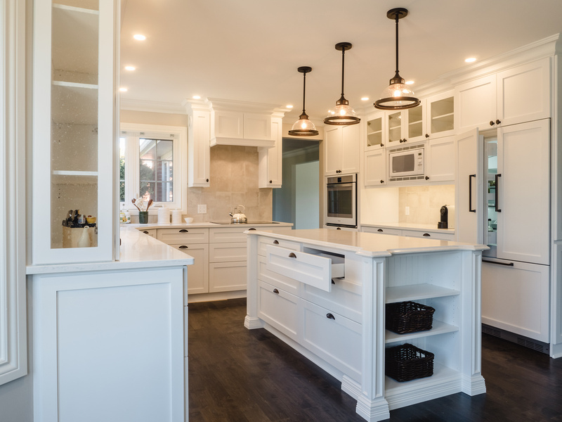 Kitchen island with open drawers showcasing storage features